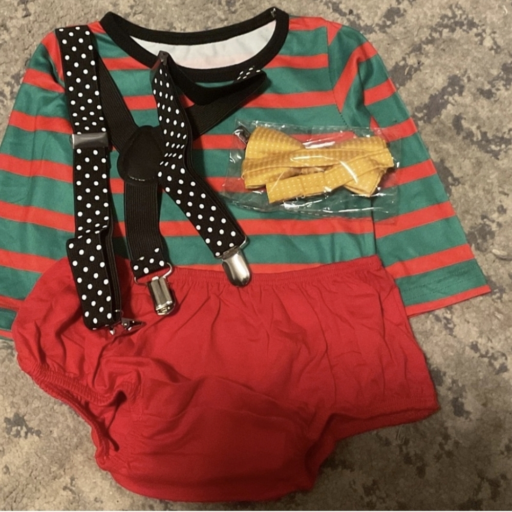 Festive Striped Baby Outfit with Suspenders and Bow Tie